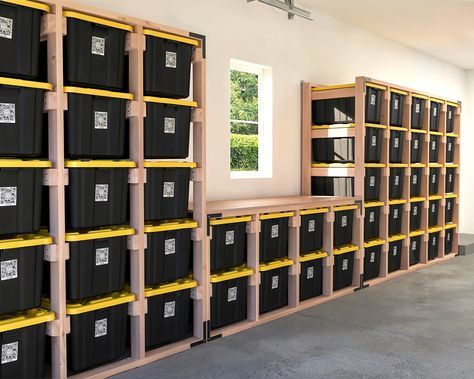 Discover how to build this versatile tote storage rack and workspace combo. Perfect for DIY enthusiasts, this project organizes your garage while providing a functional craft desk. Easy to follow, beginner-friendly plans included! Ikea Ivar Garage Storage, Storage For Garage Organizing Ideas, Garage Bins Organization, Garage Storage For Totes, Garage Storage Bin Shelves, Diy Tote Storage Rack Plans, Black And Yellow Tote Storage Plans, Garage Tote Storage Shelves, Functional Garage Ideas