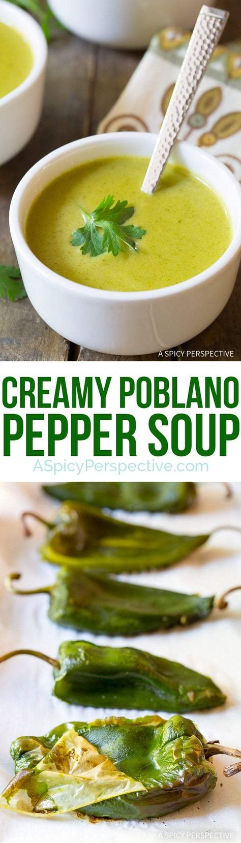 Smoky Poblano Cheese Soup, Roasted Poblano Soup Creamy, Chile Poblano Soup, Plabano Pepper Soup, Poblano Cream Soup, Poblano Soup Creamy, Pablano Pepper Soup Recipe, Creamy Poblano Soup, Cream Of Poblano Soup Recipe