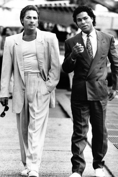 Miami Vice - Don Johnson & Philip Michael Thomas 1980s Miami Vice Aesthetic, Vice Aesthetic, 1980s Mens Fashion, Miami Vice Fashion, 80s Mens Fashion, 80s Suit, 1980s Men, 80s Fashion Men, Men In Suits