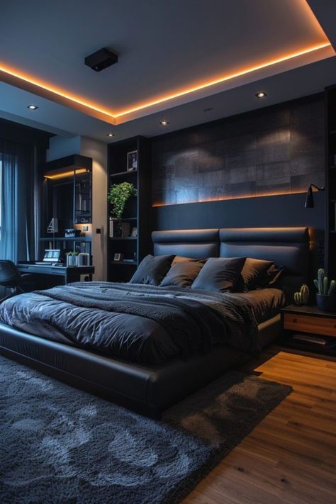 Cool Bedroom Ideas For Men, Modern Mens Bedroom, Small Bedroom Ideas For Men, Dark Modern Bedroom, Male Bedroom Ideas, Bedroom Ideas For Men, Masculine Bedroom, Dark Bedroom, Modern Luxury Bedroom