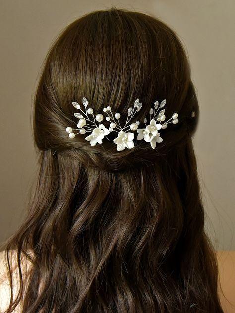 White  Collar  Plastic  Hair Pin Embellished   Wedding & Event Vintage Bridal Hair Accessories, Rhinestone Wedding Hair Accessories, Floral Hair Pins, Hair Accessories Set, Bride Hair Accessories, Floral Headpiece, Wedding Hair Pins, Flower Hair Pin, Hair Comb Wedding