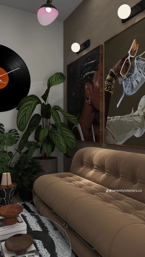 90s Inspired Living Room, Neo Soul Aesthetic Living Room, Black Art Living Room Ideas, Black Culture Home Decor, Warehouse Decor Ideas, Black Women Apartment Aesthetic, African American Apartment Decor, Neo Soul Room, Brown Aesthetic Apartment