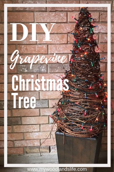 DIY Outdoor Grapevine Christmas Tree Grape Vine Trees Christmas, Grapevine Craft Ideas, Grapevine Trees Diy How To Make, How To Make A Grapevine Tree, Grapevine Diy Ideas, Grapevine Crafts Projects, Grapevine Trees Front Porch, Diy Grapevine Tree, Grapevine Crafts Diy