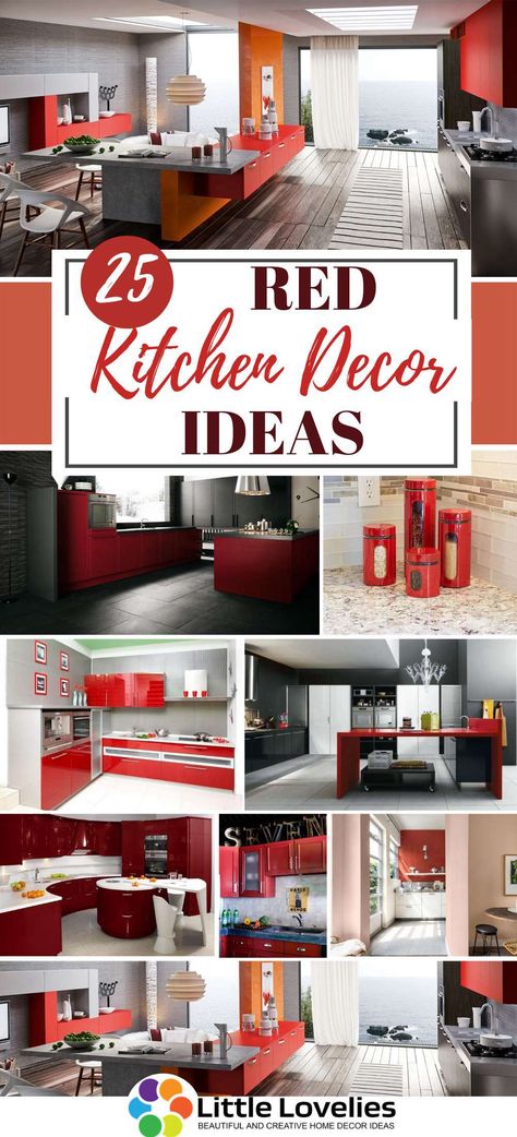 The best time to consider a red kitchen decor is during Christmas, but whether or not it is that time of the year where the whole family gathers to make merry, a red kitchen decor is a great way to spice up the look of your kitchen.  Here, you’ll find 25 red kitchen decor ideas that you can use to make your kitchen look fantastic. If you are a true fan of “red”, I’m sure you’ll love them. Gray And Red Kitchen Ideas, Farmhouse Red Kitchen, Red And Gray Kitchen Decor Ideas, Red Themed Kitchen Ideas, Red And Yellow Kitchen Ideas, Red And Black Kitchen Ideas Apartments, Red Gray And Black Kitchen Ideas, Red Black And Grey Kitchen Ideas, Black White And Red Kitchen Ideas