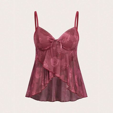 ROMWE/SHEIN Women's Irregular Hem Rose Pattern Cami Top in colour rose brown (super cute for the summer) Summer Cami Tops, Shameless Dr, Fame Clothes, Y2k Cami Top, Y2k Cami, Cami Shirt, Flowy Shirt, Y2k Summer, Spring Fits