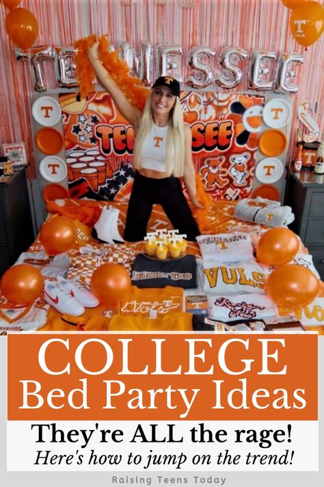 Have you heard? College "Bed Parties" are ALL the rage! Here's everything you need to know! From what a "College Bed Party" is, why so many college-bound kids are doing it and how to throw the best party in town! #college #collegelife #collegebedparty #collegebedpartyideas #collegebound #highschoolseniors #parentinghighschoolers Graduation Bed Party, Bed College Party, College Acceptance Bed Party, College Commitment Party, College Bed Announcement, College Decision Bed Decorating, College Acceptance Bed Decorating, Bed Parties College, College Choice Reveal Ideas