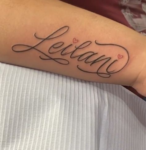 Name Tattoos For Daughter, Leilani Tattoo, Leilani Tattoo Name, Kehlani Name Tattoo, Mexican Font Tattoo, Eliana Tattoo Name, Adriana Name Tattoo, Naomi Tattoo Name, Maria In Cursive Tattoo