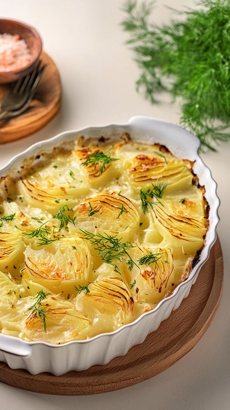 Fennel and Potato Gratin Fennel Potato Gratin, Potato And Fennel Gratin, French Potato Recipes, Cauliflower Grilled, Fennel Gratin, Veggie Board, Vegetable Ideas, Potato Gratin Recipe, Creamy Potatoes