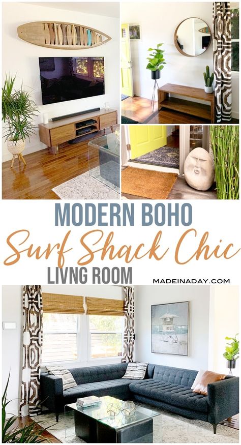 Looking for some beachside living inspiration? My Modern Surf Shack Chic Living Room is full of good vibes with an island-style feel. Check out my fav decor pieces. #modernboho #bohostyle #bohochic #surfshack #surfculture #bohosurfshack #beachhouse #coastalhome #livingroom #laidback #casualstyle #californiastyle #LAbeachhouse #californiabungalow #bungalow #beachbungalow Boho Surf Shack, Modern Surf Shack, Home Interior Inspiration, Livng Room, Boho Surf, Decor Images, California Bungalow, Inspiring Pictures, Bungalow Homes