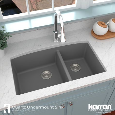 Karran Undermount 32-in x 19.5-in Grey Quartz Double Offset Bowl Kitchen Sink Lowes.com Composite Kitchen Sinks, Quartz Sink, Grey Quartz, Solid Surface Countertops, Sink Grid, Double Bowl Kitchen Sink, Quartz Kitchen, Bowl Kitchen Sink, Double Basin