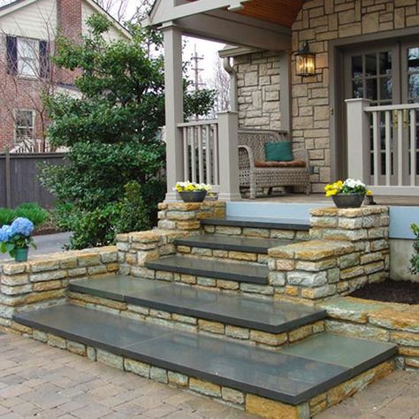 Entrance Staircase Designs to Beautify Homes and Improve Curb Appeal Front Porch Stone, Patio Stairs, Front Porch Steps, Front Stairs, Brick Steps, Patio Steps, Stone Steps, Exterior Stairs, Outdoor Steps