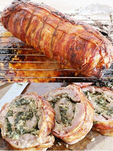 Tenderloin Wrapped In Bacon, Bacon Wrapped Pork Tenderloin Recipes, Pork Loin Recipes Oven, Pork Tenderloin Stuffed, Pork Roulade, Grilled Pork Tenderloin Recipes, Wrapped Pork Tenderloin, Spinach Filling, Bacon Wrapped Pork Tenderloin