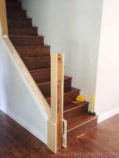 White Wood Stair Railing, Square Banister Post, Replacing Balusters Diy, Cover Stair Railing, Metal Stair Banister, Removable Banister Ideas, Adding Railing To Stairs, Upgraded Stair Railing, Craftsman Stair Railing Ideas