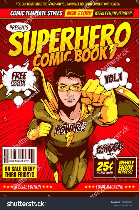 Superhero comic cover template background, flyer brochure speech bubbles, doodle art, Vector illustration, you can place relevant content on the area. #Ad , #Sponsored, #flyer#background#speech#brochure Superhero Comic Cover, Bubbles Doodle, Comic Style Poster, Lanyard Ideas, Comic Template, Superhero Books, Comic Design, Superhero Theme Party, Superhero Poster