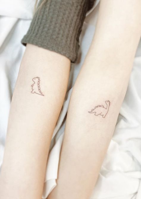 Tiny T-rex Tattoo, Tiny Dinosaur Tattoo, Cute Minimalist Tattoo, Minimalistic Tattoo Ideas, T Rex Tattoo, Small Animal Tattoos, Dinosaur Tattoo, Minimalistic Tattoos, Matching Friend Tattoos