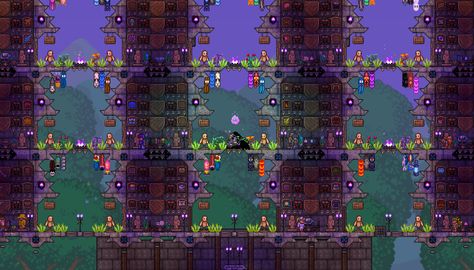 A little more details to my base #Terraria NPC Hotel + Storage Rooms 2/4 (In progress) by @NinaGoth #Geekerd #Games Terraria Npc Hotel, Terraria Storage Room Ideas, Terraria Storage, Terraria Chest Room, Terraria Storage Room, Terraria Party, Terraria Tips, Terrarium Base, Terraria House Ideas