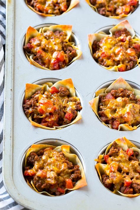 Taco cups baked in a muffin tin. Taco Cups In Muffin Tin, Mexican Muffin Tin Recipes, Tacos In A Cup, Taco In Cupcake Pan, Ground Beef Cups Muffin Tins, Taco In A Cup, Hamburger Muffin Tin Recipes, Cupcake Pan Recipes Dinner, Taco In Muffin Pan