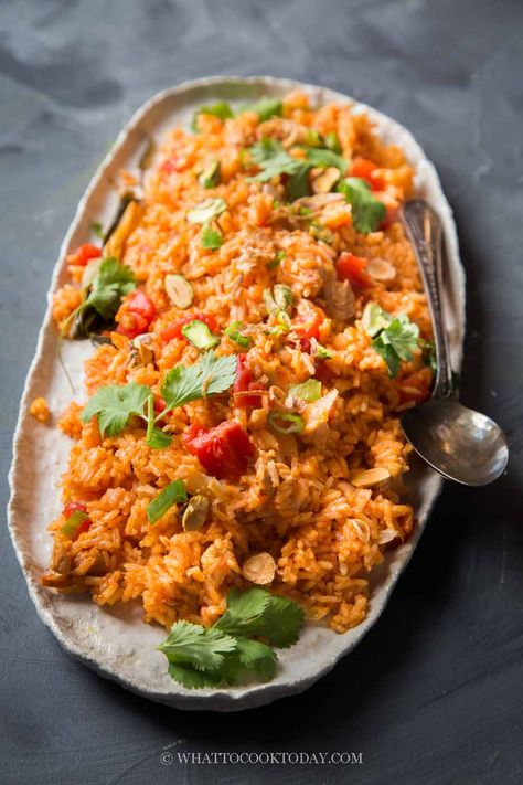 Easy Malay Tomato Rice (Nasi Tomato) Nasi Tomato, Tomato Rice, Mushroom Powder, Pistachios Nuts, Long Grain Rice, Saute Onions, Instant Pot Pressure Cooker, Biryani, Fresh Tomatoes