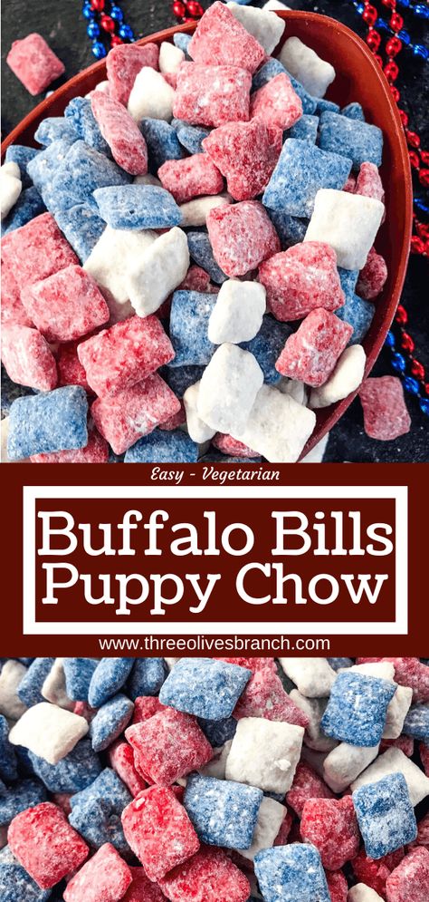 Football Puppy Chow, Buffalo Bills Appetizers, Buffalo Bills Charcuterie Board, Football Chex Mix Recipes, Buffalo Bills Snacks, Buffalo Bills 1st Birthday, Buffalo Bills Desserts, Red White And Blue Puppy Chow, Buffalo Bills Food Ideas