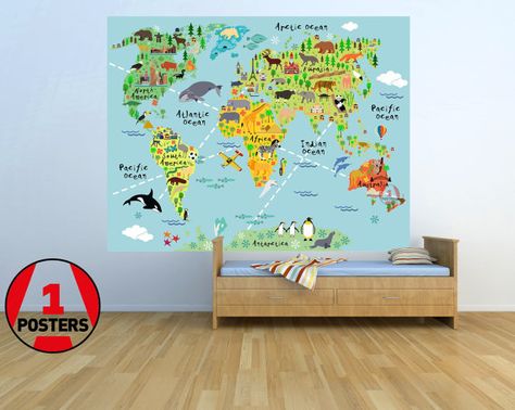 Kids World Animal Map with famous landmarks  Wallpaper 2m Wonders Of The World Wallpaper, The World Wallpaper, Kids Wall Stickers, Map Wall Decal, Map Wall Mural, Wood World Map, Kids World Map, World Map Wallpaper, Nursery Mural