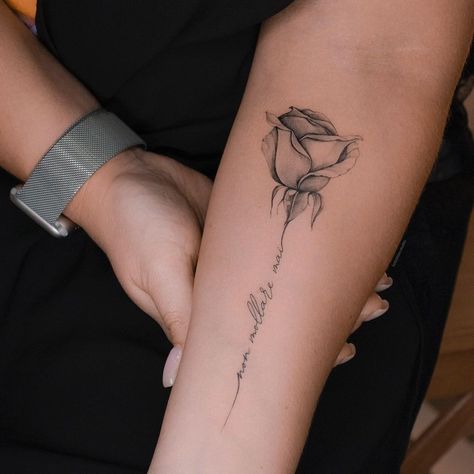 Hand Written Tattoos, Rose Tattoo With Name, Polynesian Tattoos Women, Magic Runes, Rose Tattoos For Women, Tattoos For Women Flowers, Writing Tattoos, Tasteful Tattoos, Spine Tattoos For Women