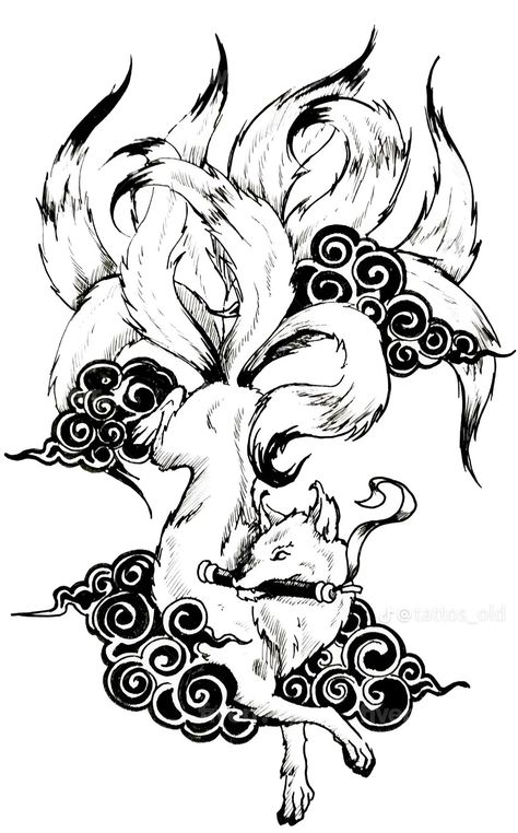 Japanese God Tattoo, Japanese Mythology Tattoo, Japanese Tattoo Background, Cloud Tattoos, Red Tattoo Ideas, Red Ink Tattoo, Fox Tattoo Design, Line Tattoo Ideas, Petit Tattoo