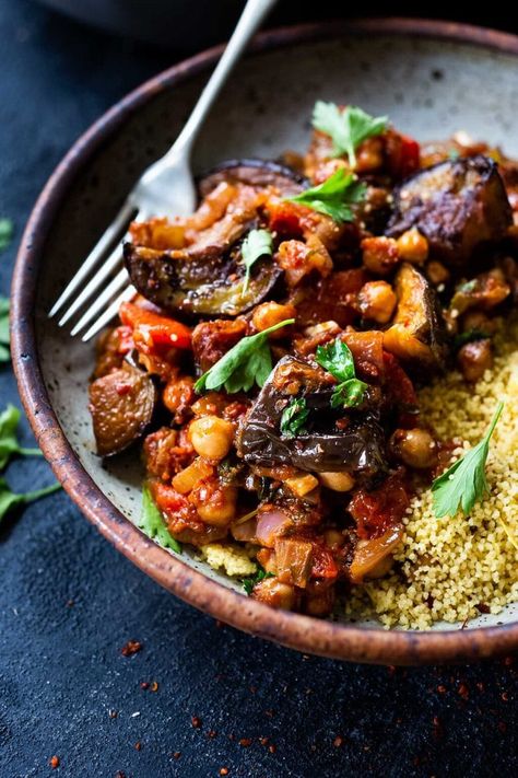 Delicious, Healthy Tagine Recipe with Eggplant and Chickpeas- seasoned with Moroccan spices and served over couscous. A simple plant-based dinner recipe! #tagine Couscous, Vegan Tagine, Eggplant Chickpea, Chickpea Tagine, Best Eggplant Recipe, Making Couscous, Tagine Cooking, Tagine Recipes, Moroccan Dishes