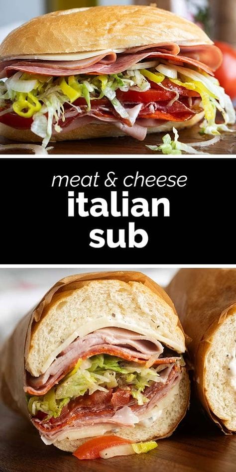 Filled with cheese and lots of Italian meats, skip the sandwich shop and make this Italian Sub recipe at home! This is the perfect sandwich for and easy dinner at home. Italian Sub Recipe, The Perfect Sandwich, Perfect Sandwich, Italian Beef Sandwiches, Italian Sub, Italian Chopped Salad, Italian Sandwich, Gourmet Sandwiches, Italian Meats