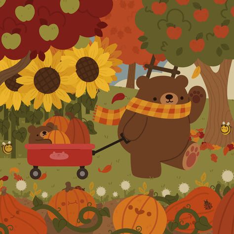 Cute Fall Decor, Pumpkin Wall Art, Pumpkin Wall, Autumn Illustration, Fall Art, Art Cute, Square Print, Autumn Art, Bear Print