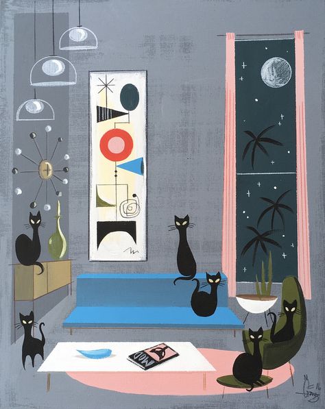 Atomic Age Design, Sci Fi Space, Atomic Cat, Mid Century Cat, Mcm Art, Mid Century Illustration, Vintage Television, Art Tumblr, Black Cat Art