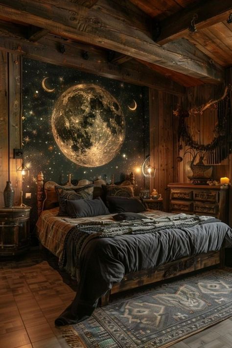 Master Bedrooms Theme Ideas, Wooden House Bedroom Ideas, Moon Design Bedroom, Wooden Interior Design Bedroom, Dark Green Witchy Bedroom, Dark Celestial Aesthetic Bedroom, Mystical Room Aesthetic, Celestial Themed Bedroom, Rustic Room Decor Ideas