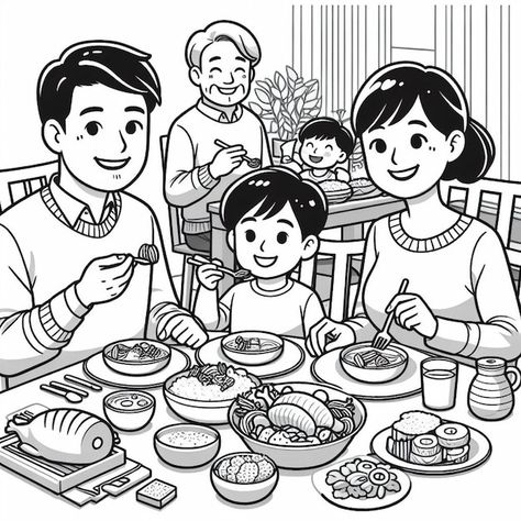 Ai generate of happy family dinner with ... | Premium Vector #Freepik #vector #family #people #group #happiness Family Dinner Drawing, Family Dinner Illustration, Happy Family Drawing, Family Outline, Family Drawing Illustration, Mother Father And Baby, Family Sketch, Family Coloring Pages, People Group