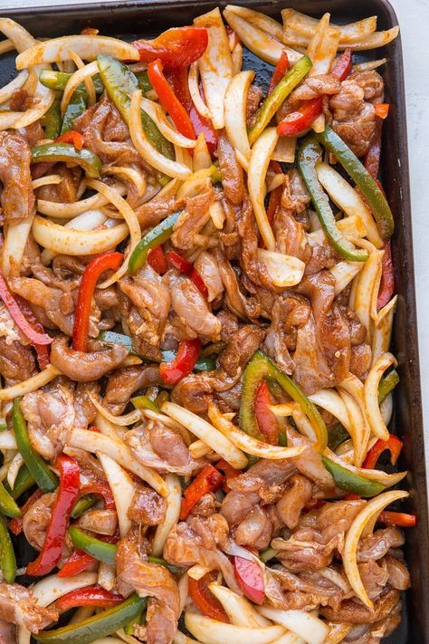 Sheet Pan Chicken Fajitas - The Roasted Root Oven Fajitas Chicken, Chicken Fajitas In Oven, Sheet Pan Fajitas Chicken, Baked Fajita Chicken, Chicken Fajitas Oven, Oven Fajitas, Fajitas Chicken, Homemade Spanish Rice, Sheet Pan Fajitas