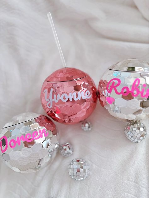 Disco Ball Cocktail, Disco Ball Cups, Disco Ball Cup, Last Disco Bachelorette, Cocktail Cups, Last Disco, Disco Bachelorette, Pink Names, Bridesmaid Tumbler