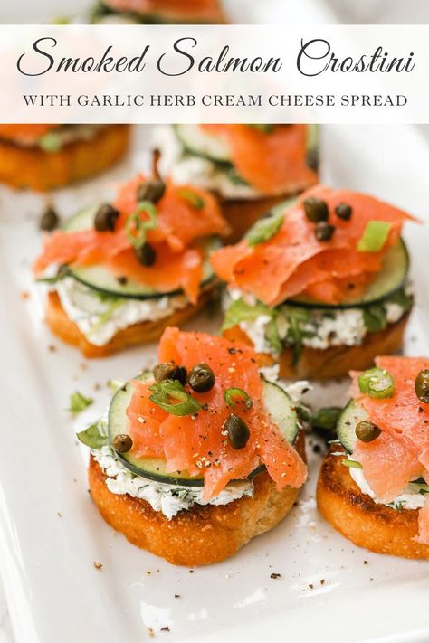 This Smoked Salmon on Crostini is a delicious and easy appetizer that you can make for any get together! They’re perfect for parties, the holidays and even for brunch. To find this smoked salmon appetizer recipe visit Sugar Maple Farmhouse. Cream Cheese Crostini, Garlic Herb Cream Cheese, Smoked Salmon Crostini, Salmon Crostini, Salmon Appetizer Recipes, Herb Cream Cheese, Smoked Salmon Appetizer, Crostini Recipe, Cheese Crostini