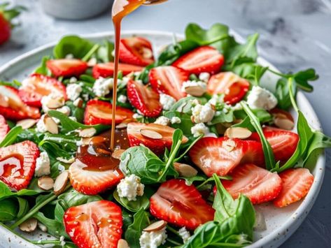 Easy Strawberry Salad Recipe with Goat Cheese and Honey Balsamic Dressing - NewsBreak Strawberries Salad Recipes, Berry Goat Cheese Salad, Strawberry Balsamic Salad, Salads With Strawberries, Easy Strawberry Salad Recipe, Easy Strawberry Salad, Easy Potato Pancake Recipe, Recipe With Goat Cheese, Spinach And Strawberry Salad