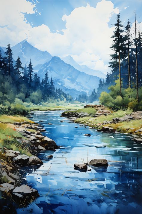 Landscapes In Impressionist Watercolor Style mountain lake Mountain Lake Watercolor, Watercolour Mountains Landscapes, Mountain Lake Drawing, Mountain Scenery Painting, Mountain Lake Painting, Lake Drawing, Watercolor Mountain Landscape, Boat Watercolor, River Watercolor