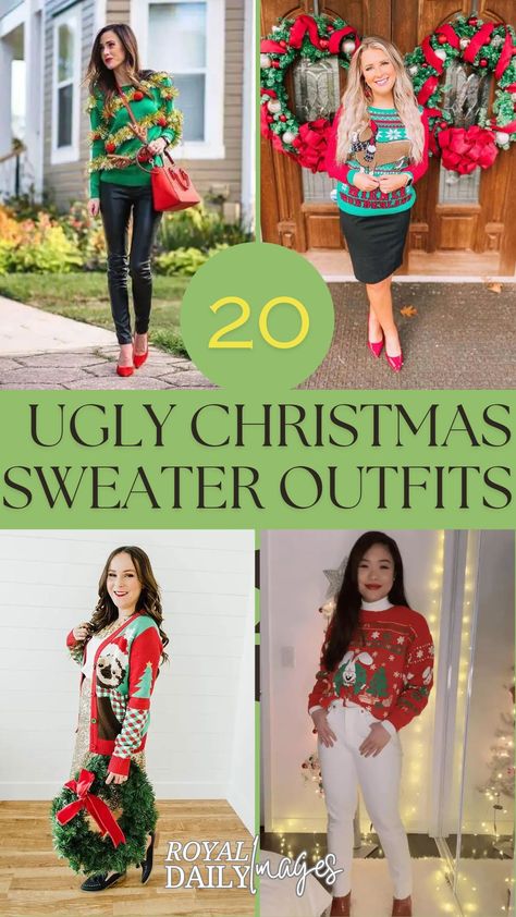 Ugly Christmas Sweater Outfits Ugly Christmas Sweaters Women, Light Up Christmas Outfit, Christmas Sweater And Skirt Outfit, Oversized Christmas Sweater Outfit, Ugly Sweater Party Outfit, Cute Christmas Sweater Outfit, Ugly Sweater Outfit Women, Ugly Sweater Outfit Ideas, Ugly Sweater Christmas Party Outfit