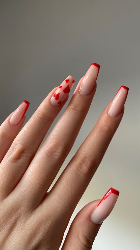 valentines nails - red French with red hearts Ballerina Valentines Nails, Red And White French Tip Nails Coffin, Simple Nails Red And White, Red Valentines Nails Coffin, Red French Tip Nails Ballerina, Red French With Heart, Red Ballerina Nails Designs, Valentines Nails Ballerina, Red Beige Nails