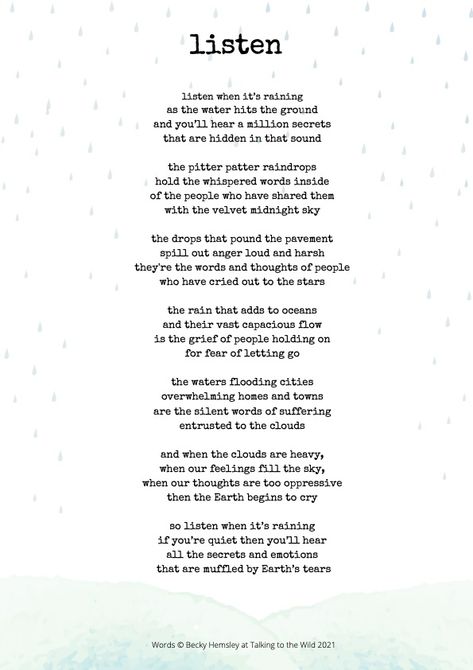 Poem About Thunderstorm, Poems About Weather, Talking To Water, Poems With Rhymes, Becky Hemsley Poems, Rain Poems Poetry, Becky Hemsley Poem, Calming Poems, Poems On Life Inspiration Beautiful