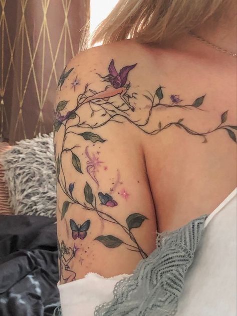 Mismatched Tattoo Sleeve, Chest Vine Tattoo Female, Girly Hip Tattoos, Collar Bone Tattoo Plants, Cool Mom And Daughter Tattoos, Tattoo Arm Women Sleeve, Flowery Vine Tattoo, Whimsy Tattoo Designs, Small Faerie Tattoo