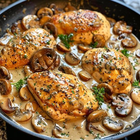 🍗🍄 Delve into the creamy depths of Tender Chicken Breast in Rich Garlic Mushroom Cream! #GarlicMushroomChicken #GourmetAtHome 🍽️ Tender Chicken Breast in Rich Garlic Mushroom Cream 🛒 Ingredients: 4 chicken breasts 200 grams mushrooms, sliced 3 cloves garlic, minced 200 ml heavy cream 50 ml white wine Salt and pepper to taste Fresh herbs for garnish 👩‍🍳 Instructions: Sauté Chicken: Season chicken with salt and pepper and sauté until golden. Cook Mushrooms: Add mushrooms and garlic to the p... Creamy Mushroom Sauce For Chicken, Sauté Chicken, Meal Aesthetic, Cook Mushrooms, Chicken Season, Wine Salt, Sweet Chili Sauce Recipe, Season Chicken, Twisted Recipes