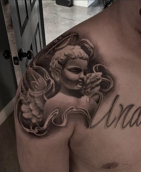 Shoulder Piece Tattoos Men, Angel Chest Tattoo Female, Angel On Shoulder Tattoo, Woman Chest Tattoo Middle, Angel Shoulder Tattoo, Chicano Chest Tattoo, Asap Tattoo, Cherub Angel Tattoo, Cholo Tattoo