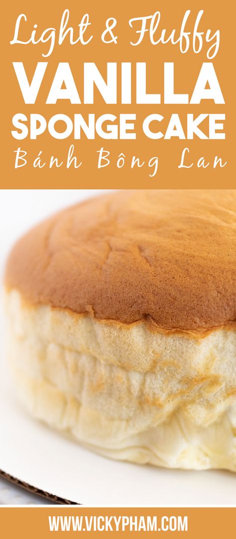 Banh Bong Lan is a French-influenced Vietnamese sponge cake. It’s made with eggs, flour, sugar, and vanilla. It translates to “orchid cake.” Because of the whipped egg whites, the cake bakes up like a souffle, resembling a blooming orchid. Unlike western cakes, Banh Bong Lan is light, fluffy, and not overly sweet. Japanese Egg Cake, Japanese Vanilla Sponge Cake, Japanese Pound Cake, Mini Chinese Sponge Cake, Light Pound Cake Recipes, Korean Sponge Cake, Light Sponge Cake, Sponge Cake Desserts, Asian Sponge Cake