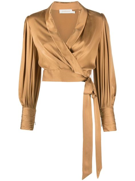 Satin Wrap Blouse, Satin Wrap Top, Silk Wrap Top, Wrap Crop Tops, Brown Silk, Satin Blouse, Silk Wrap, Long Puff Sleeves, Wrap Blouse