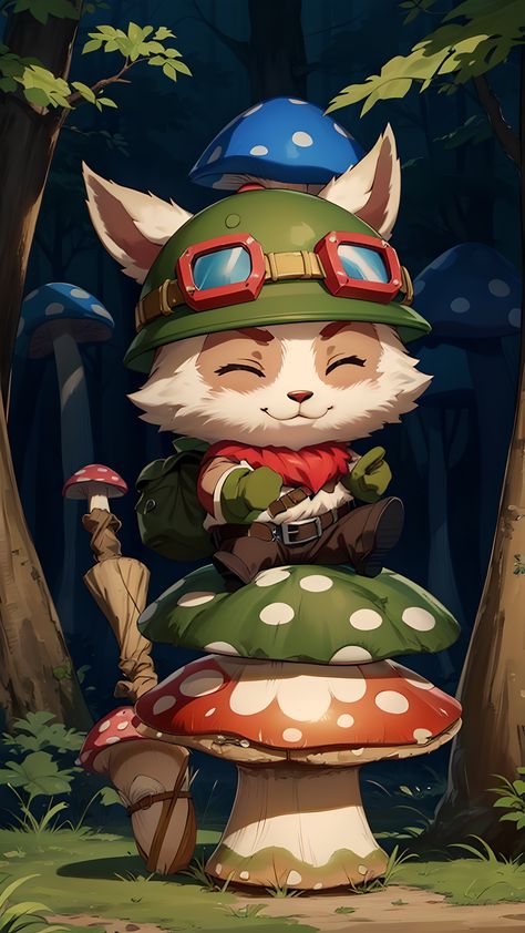 League of Legends, Teemo, solo, smile, gloves, 1boy, hat, :3, laugh, full body, closed eyes, boots, belt, pants, goggles, furry, green headwear, goggles on headwear, yordle, magic gigants forest, chibi, big mushrooms, cute, smile, no humans, Lol Art League Of Legends, League Of Legends Yordle, Chibi League Of Legends, Legend Of Legends, League Of Legends Drawing, Lol Characters, League Of Legends Logo, League Of Legends Wallpapers, League Of Legends Wallpaper