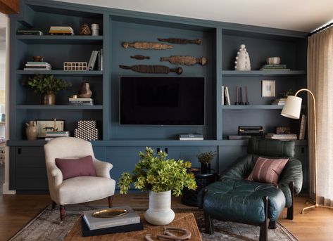 Yes, It Is Possible to Incorporate a TV Into a Chic Living Room — Here's Proof | Hunker Heidi Caillier, Reclaimed Wood Ceiling, Maximize Small Space, Custom Storage, Amber Interiors, Chic Living Room, Built In Bench, Built In Desk, Living Room Tv