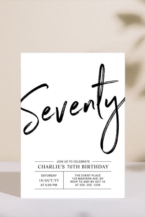 Seventy | Modern 70th Birthday Party Invitation Celebrate your special day with this simple stylish 70th birthday party invitation. This design features a brush script "Seventy" with a clean layout in black & white color combo. More designs available at my shop BaraBomDesign #birthday #happybirthday #birthdaycards #seventy #seventycelebration 70th Birthday Party, 70th Birthday Invitations, 70th Birthday Parties, Brush Script, 70th Birthday, Birthday Party Invitation, Color Combo, Birthday Party Invitations, Invitation Design