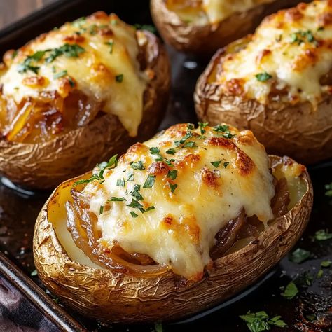 French Onion Twice Baked Potatoes, French Onion Stuffed Baked Potatoes, French Onion Potatoes Bake, French Onion Baked Potato, French Onion Stuffed Potatoes, French Onion Potatoes, Optimal Recipes, Potatoe Recipes, Stuffed Potatoes