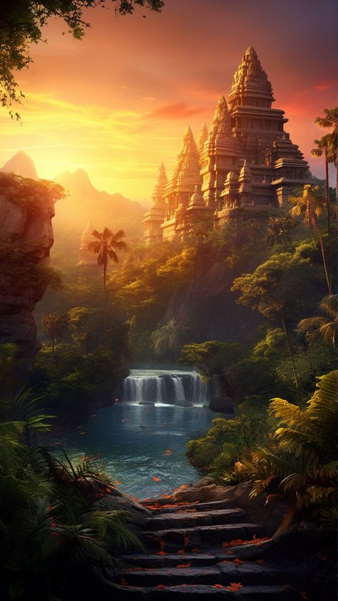 free wallpapers 4K temple, jungle, waterfall, mountains for mobile and desktop Temple Tattoo Design, House In The Jungle, Jungle Waterfall, Jungle Temple, Temple Tattoo, Lord Jagannath, Krishna Flute, Beautiful Flowers Images, A N Wallpaper